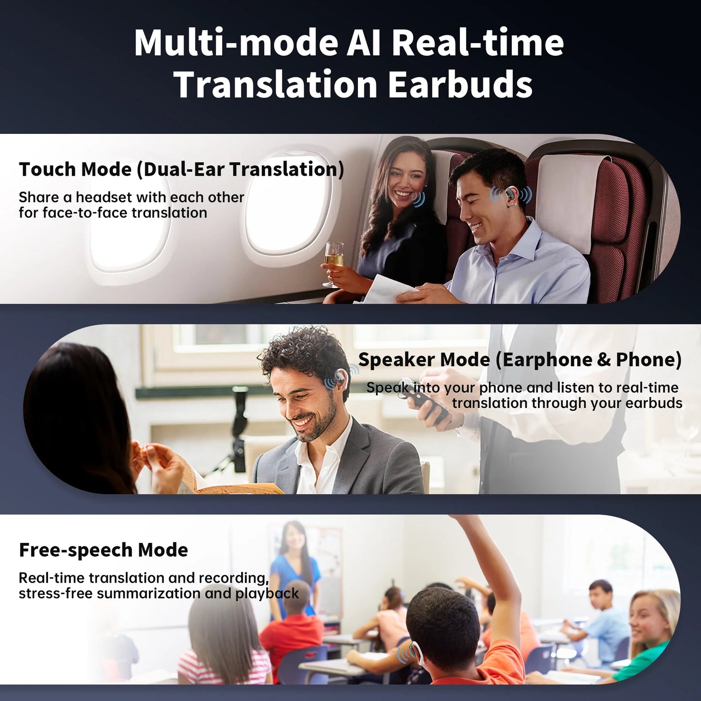 AI Translation Earbuds Real Time, Wireless Bluetooth Headphones, 144 Languages Two-Way Translator, Ios & Android Compatible, for Travel, Business, Learning,Sports